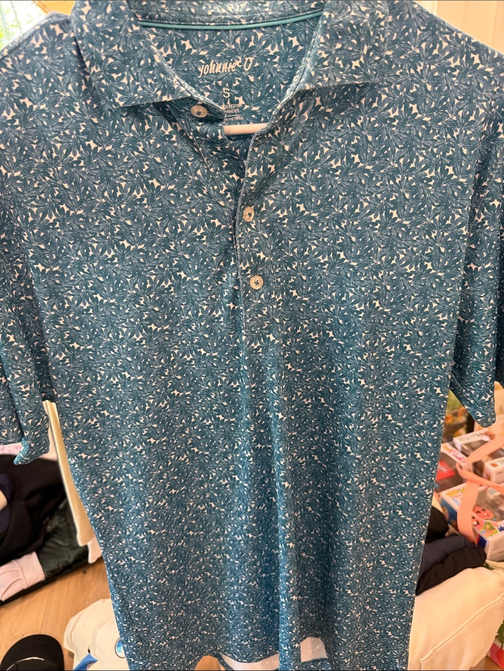 johnnie-O Teal Micro-Leaf Print Polo